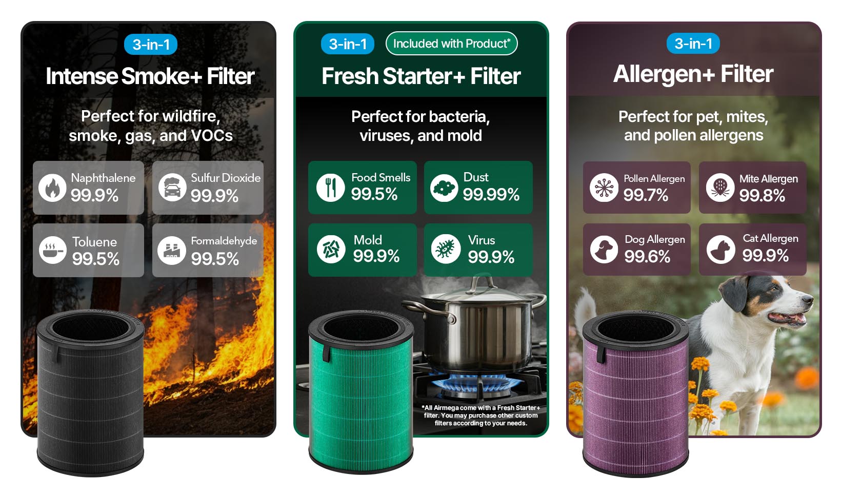 Choose from three different 3-in-1 custom filters, Fresh Starter+, Allergen+, or Intense Smoke+