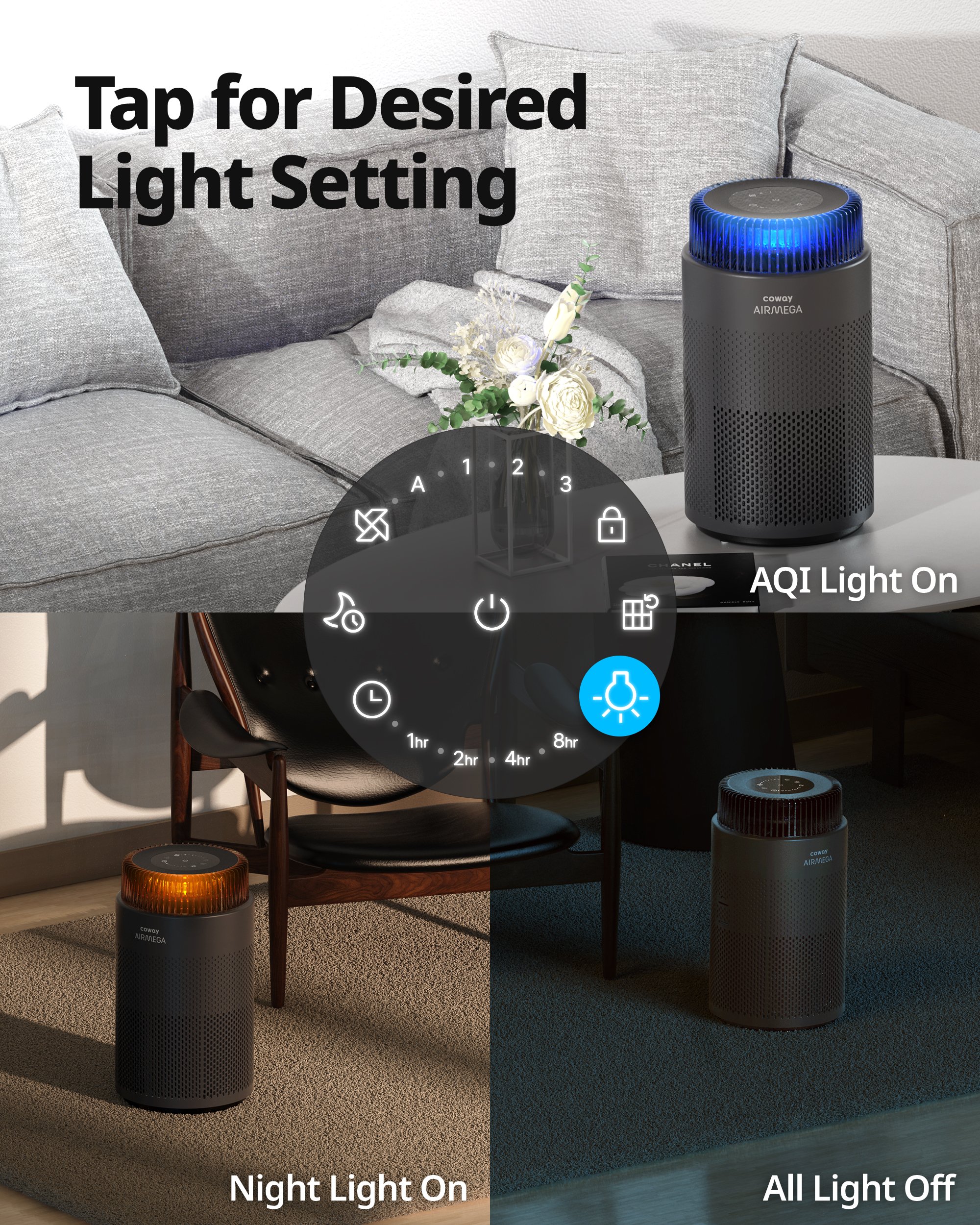 The Airmega 100 offers 3 light settings: AQI Light, Night Light, and All Lights Off.